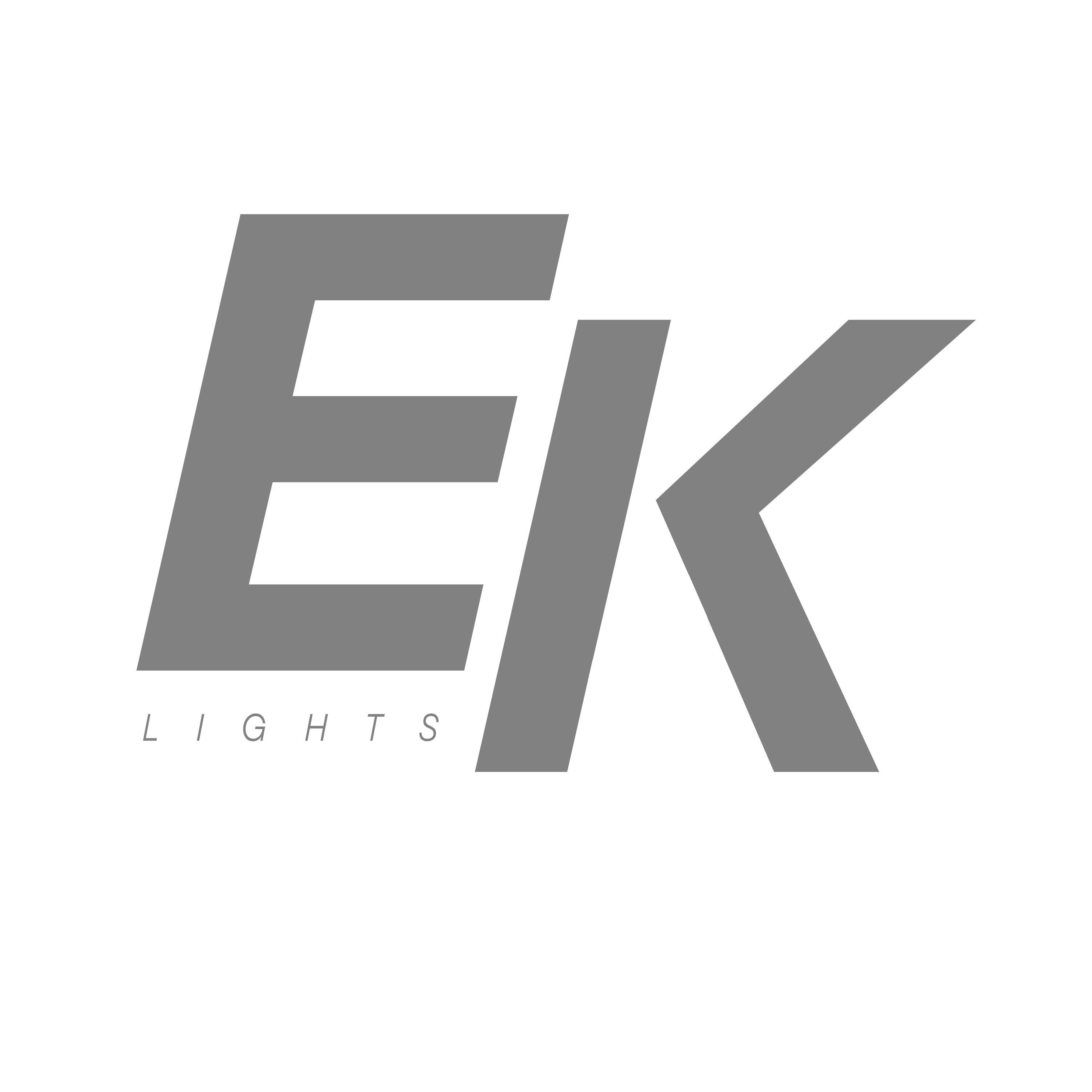 EK Lights pilkas logotipas su tekstu, skaidrus fonas